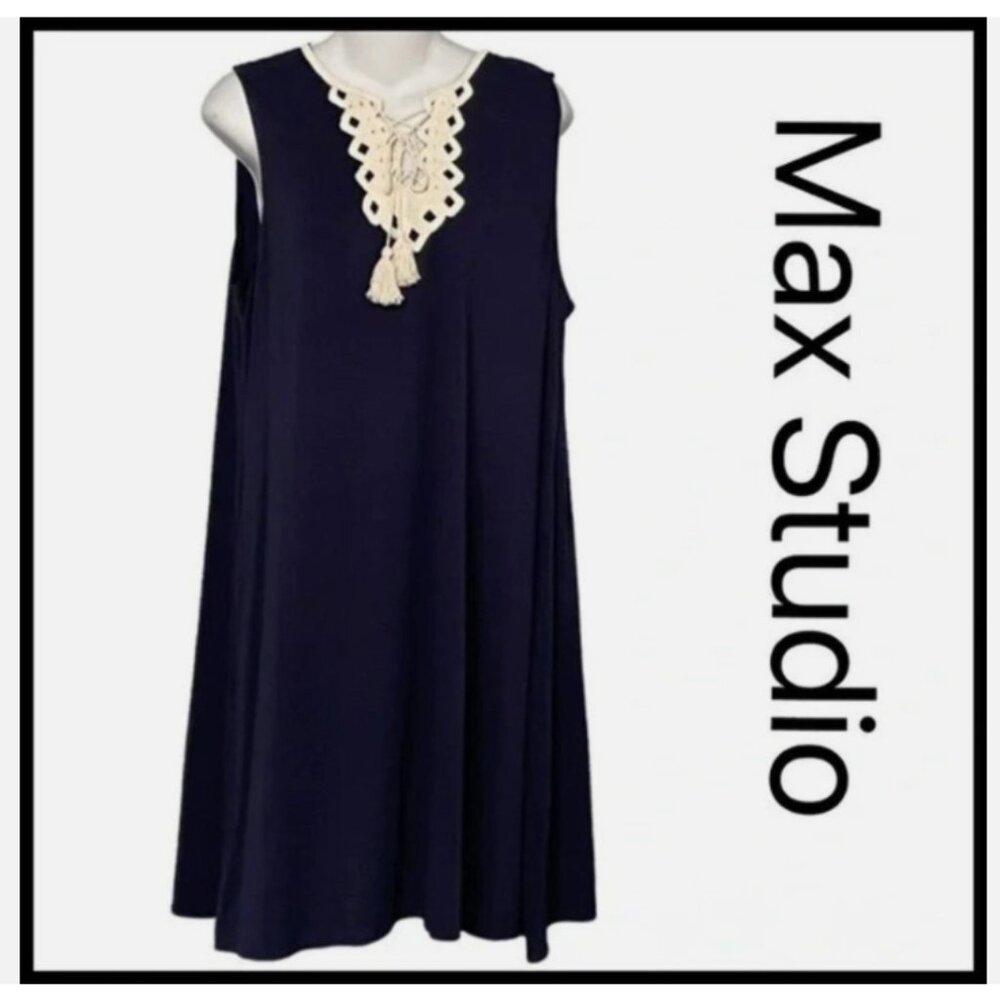 Max Studio Lace-Up Crochet Neck Tassels Sleeveless Dress - Picture 14 of 16